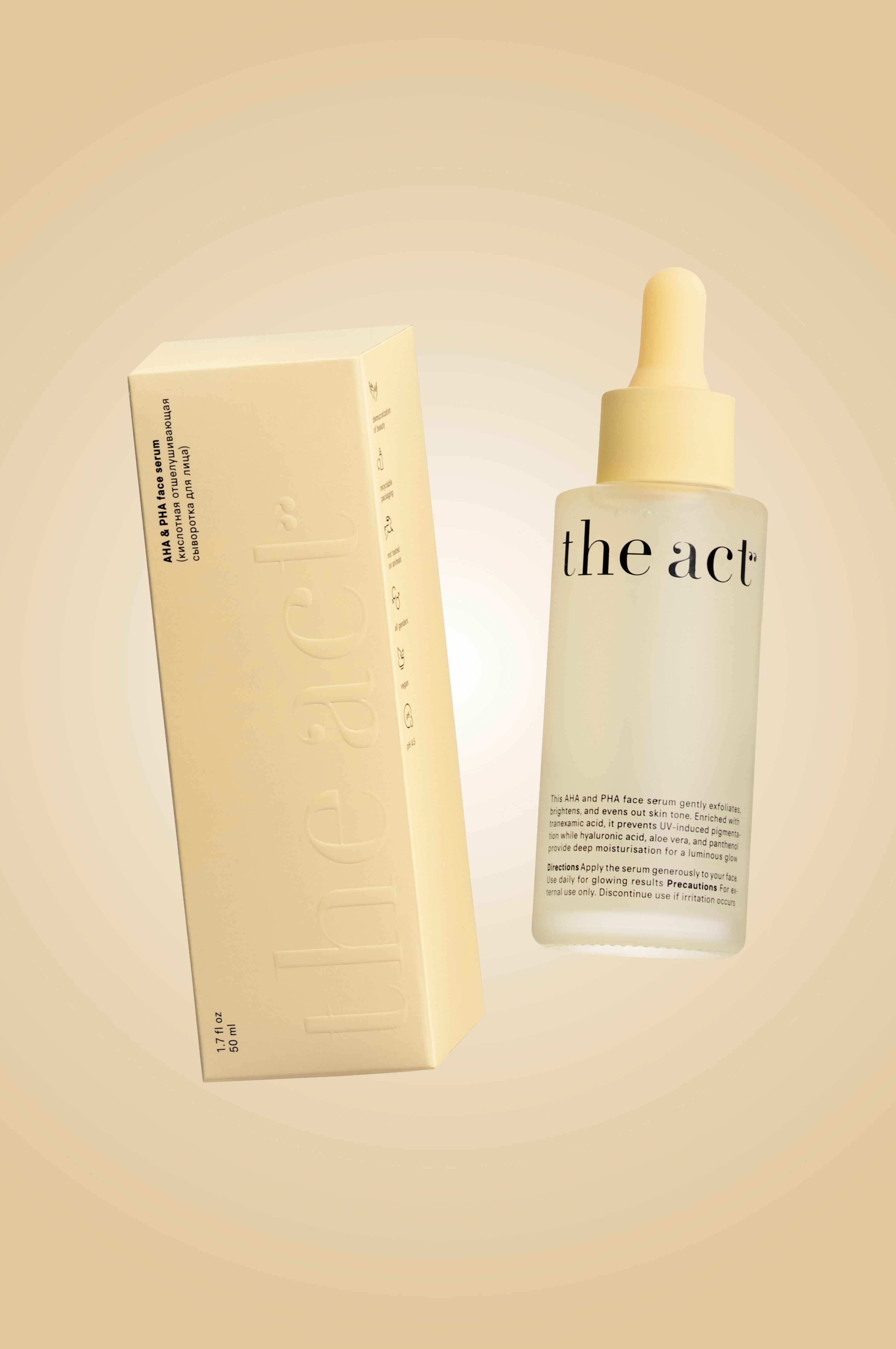 Skincare bottle labeled 'the act' with its packaging on a beige background