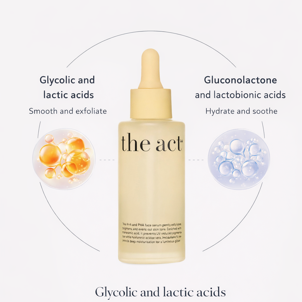 Skincare bottle with text about acids and a white background