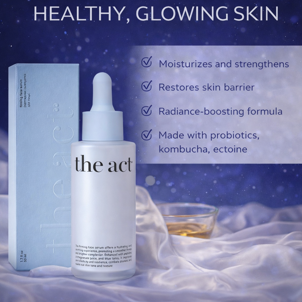 Skincare product with packaging and text on a soft fabric background