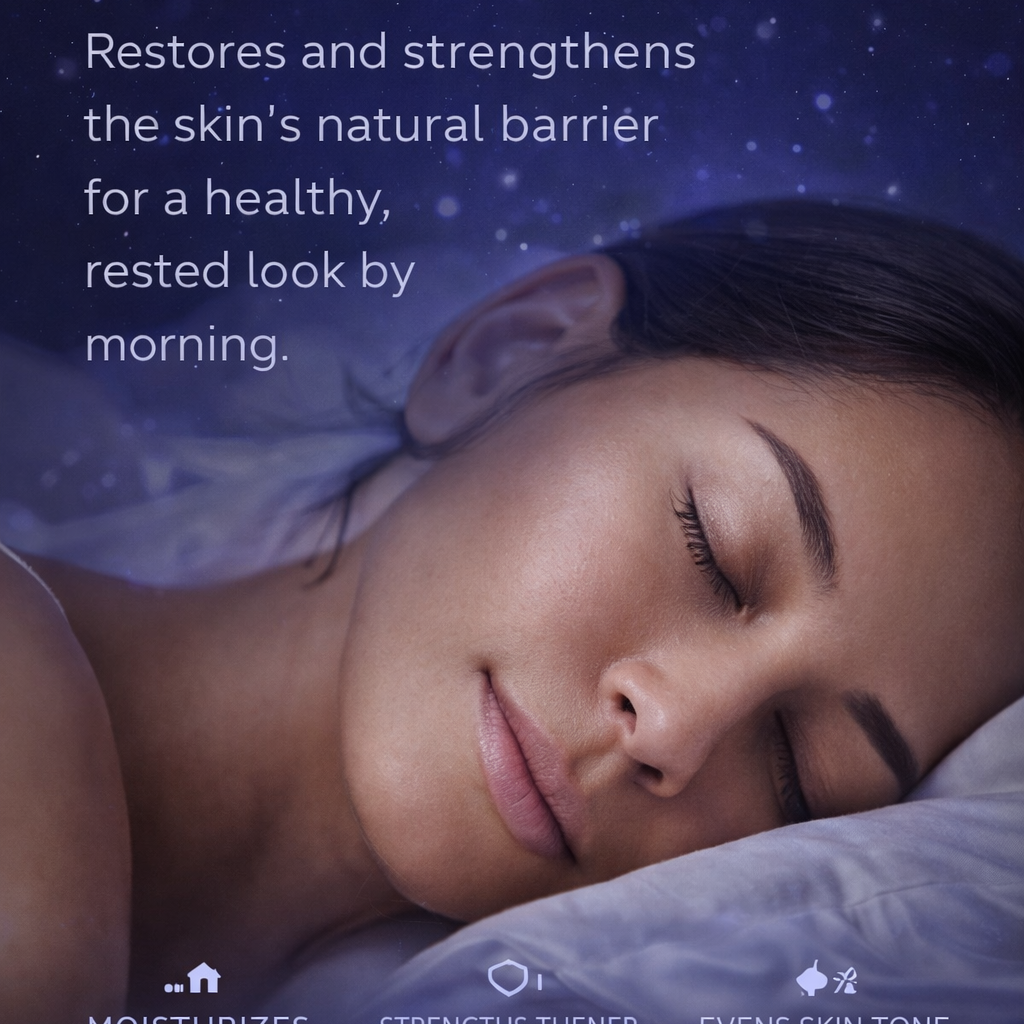 Woman sleeping with text about skincare product benefits