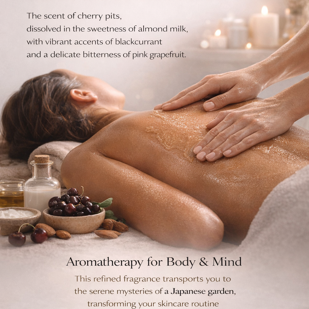 Person receiving aromatherapy massage with spa setting and product display.