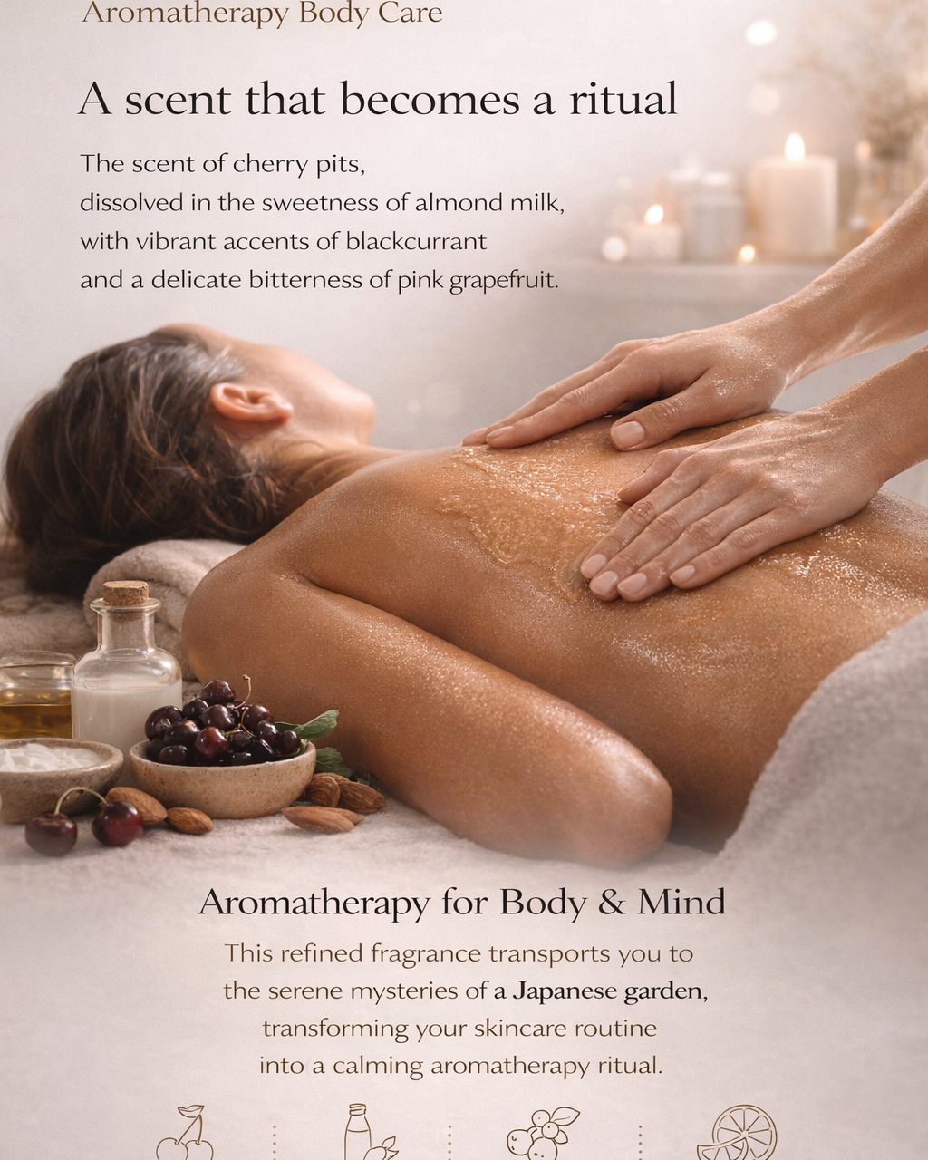 Person receiving aromatherapy massage with spa setting and product display.