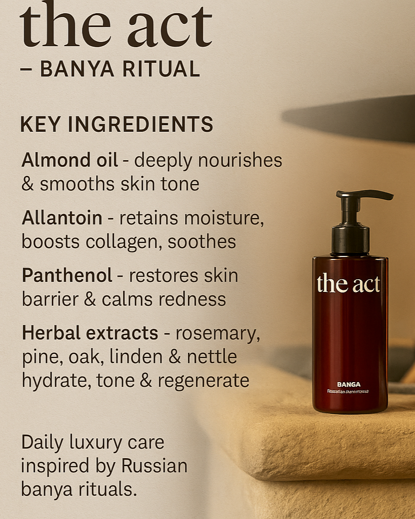 The act Bottle of skincare product with text listing key ingredients and benefits.