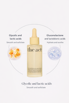 Skincare bottle with text about acids and a white background