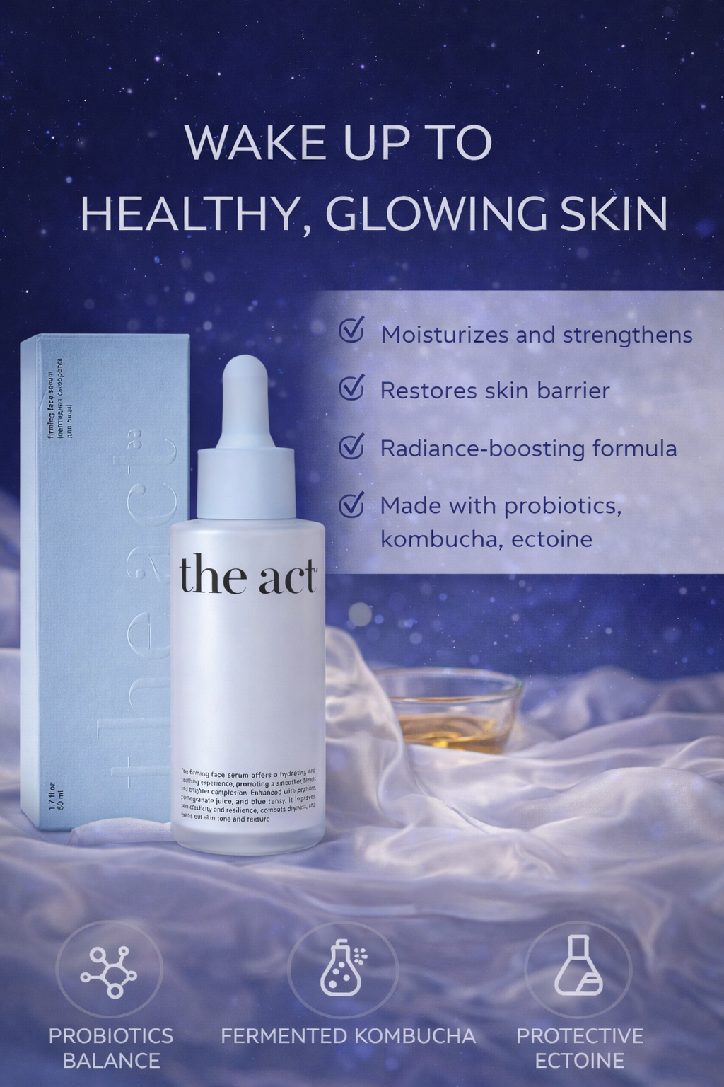 Skincare product with packaging and text on a soft fabric background