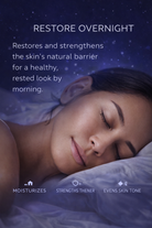 Woman sleeping with text about skincare product benefits