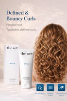 Hair care product with packaging and a person with defined and bouncy curls.