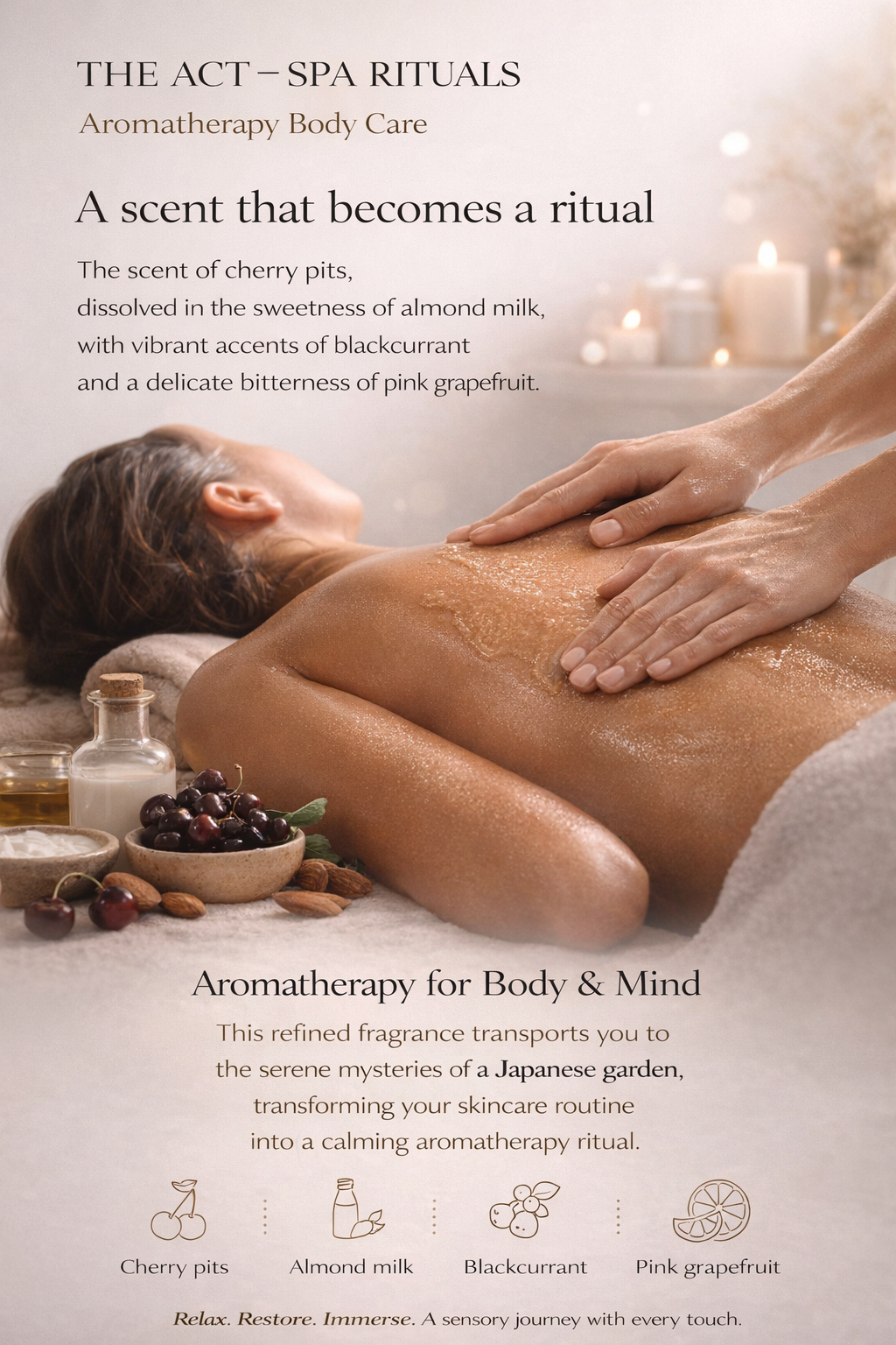 Person receiving aromatherapy massage with spa setting and product display.