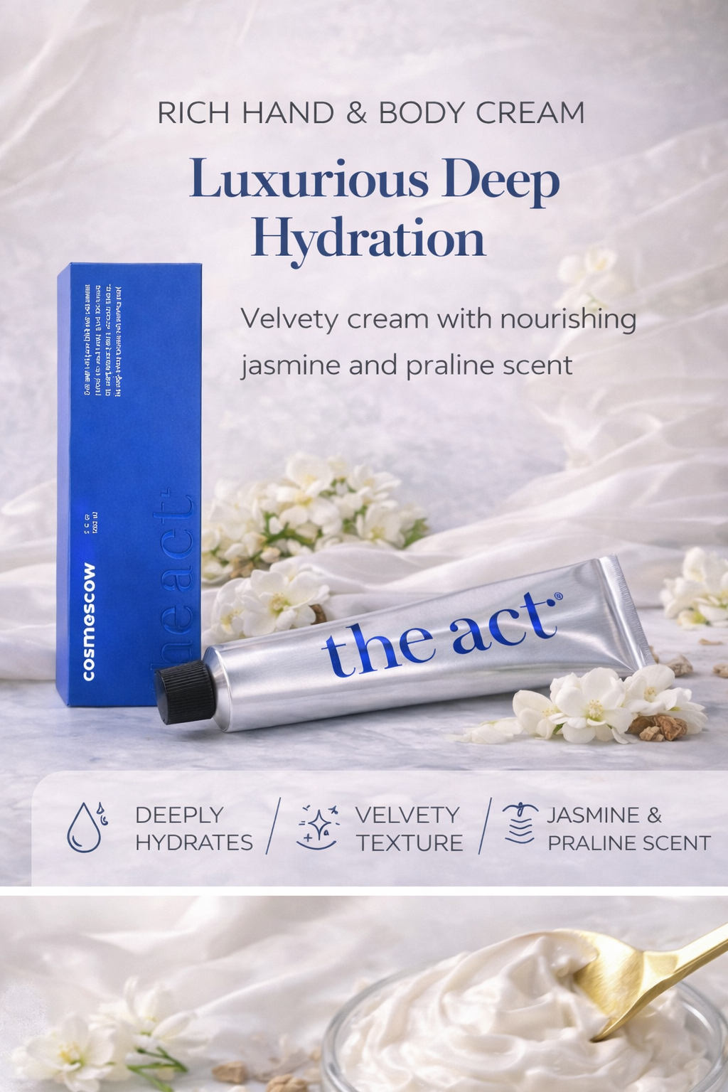Rich hand and body cream with packaging and cream in a bowl on a light background
